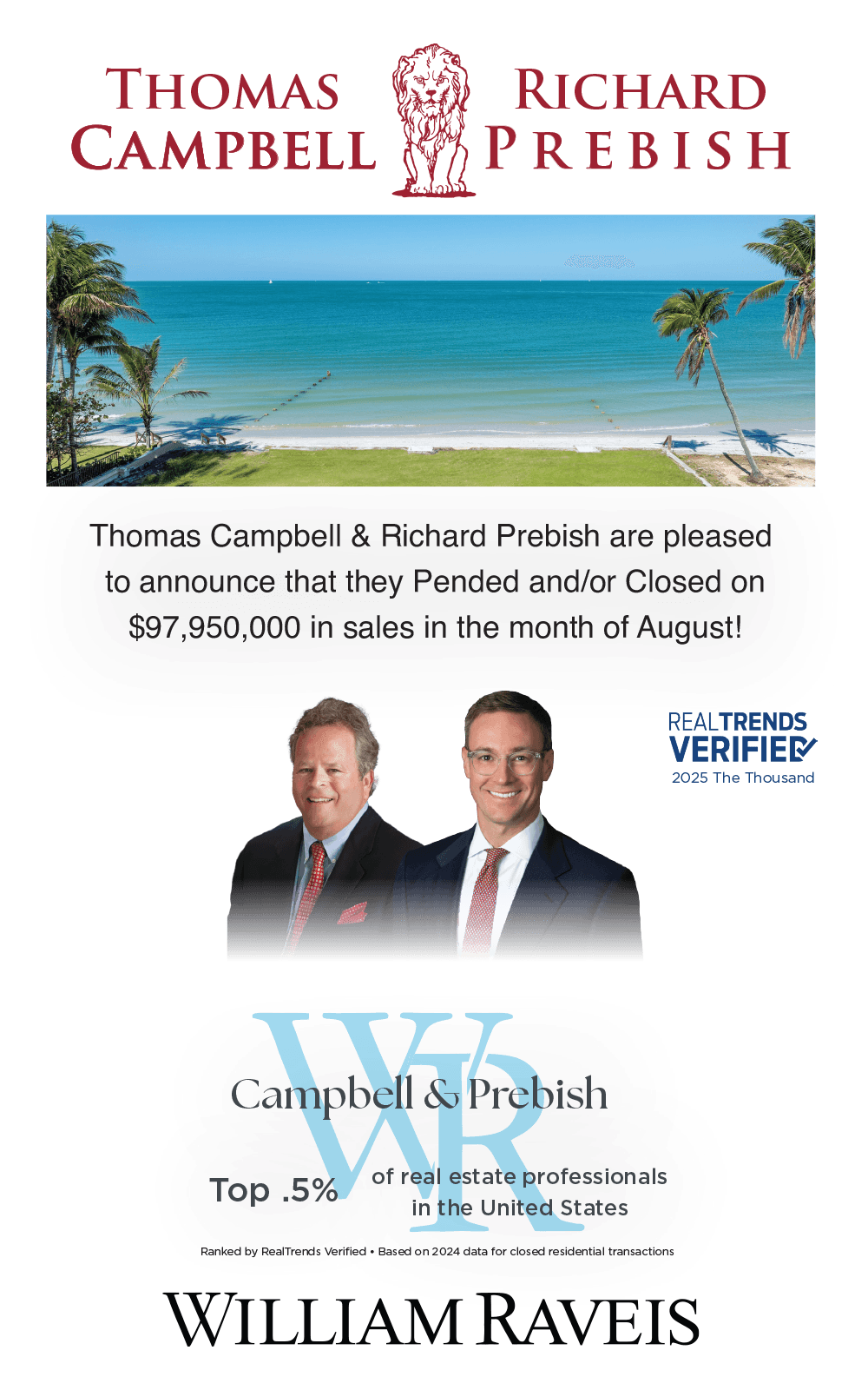 Thomas Campbell & Richard Prebish Pended and/or Closed on $97,950,000 in Sales in August