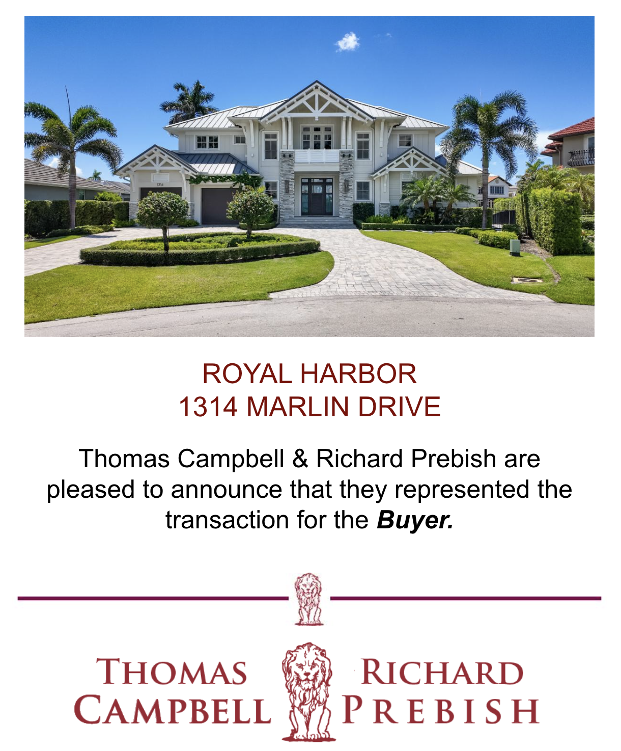 1314 Marlin Drive Recent Sold Home in Royal Harbor in Naples, FL